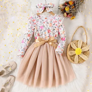 Новое платье для девочек, весна-осень, летящие рукава, Сетчатое платье с цветочным принтом, тюлевые вечерние костюмы в стиле пэчворк, Vestidos