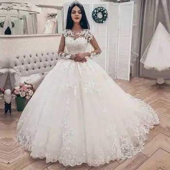 Красота Бальное платье с длинными рукавами Свадебные платья Vestido De Noiva Модные аппликации Придворный шлейф Вечерние платья Невесты