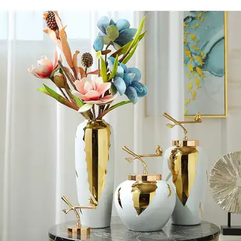 Креативная китайская Ретро керамическая ваза Золотые керамические поделки Декоративные украшения Гостиная цветочная композиция Украшение дома