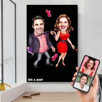 Персонализированный плакат с рисунком пары, любители домашнего искусства, Карикатурный портрет, пользовательские принты, подарок на День Святого Валентина, картина на холсте