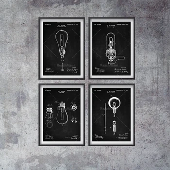 Набор из 4 Патентных Плакатов, Электрическая Лампа, Патентный Плакат Лампы, Электрические лампы, Декор стен