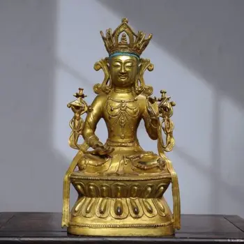 12-Дюймовая старинная статуя бодхисаттвы из бронзы храма тибетского буддизма, 24-каратная позолоченная статуя Бодхисаттвы Тары
