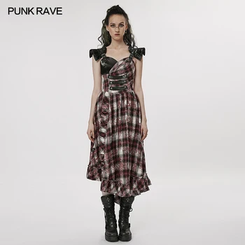 Женское панк-платье в стиле панк-РЕЙВ с нерегулярными оборками в клетку, сексуальные платья Богини, Милые длинные платья, классные повседневные расклешенные рукава