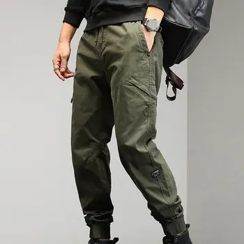 Однотонные мужские брюки, Дышащие Мужские брюки-карго со средней талией, с эластичным шнурком на щиколотке, свободного кроя, с множеством карманов