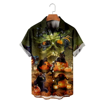 Мужская Гавайская футболка На Хэллоуин С 3D Принтом Y2K Hombre С Карманами, Модная Рубашка, Повседневная Пляжная Одежда Оверсайз С Коротким Рукавом, 1
