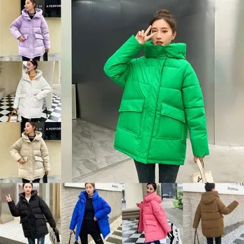 2023 Корейская зимняя женская куртка ярких цветов, пальто с капюшоном, толстая теплая парка, пуховая куртка с хлопковой подкладкой, студенческие свободные пальто