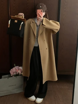Простое универсальное двустороннее флисовое пальто Женское Korea East Gate Свободное шерстяное пальто средней длины