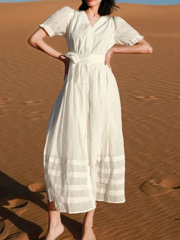 Jastie Винтажное элегантное шикарное платье Макси, женское летнее платье с V-образным вырезом и пышными рукавами и поясом, Белые платья, повседневные праздничные платья