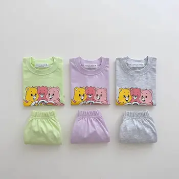 Летний Новый комплект одежды с короткими рукавами для малышей, футболка с милым медведем + шорты, костюм из 2 предметов, повседневная одежда для малышей, наряды