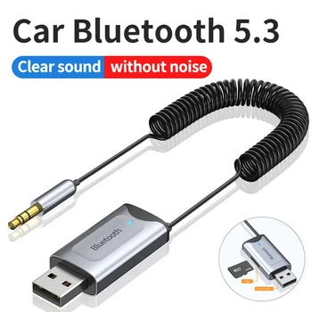 Автомобильный адаптер Bluetooth 5.3 Стерео Беспроводной USB-ключ с разъемом 3,5 мм AUX Аудио Музыкальный адаптер Микрофон для громкой связи и слот для карты TF