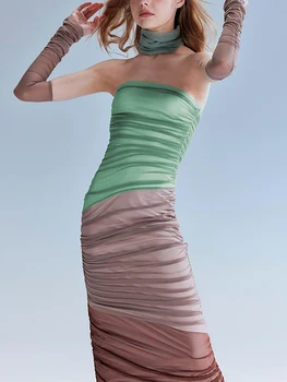 Летнее длинное платье контрастного цвета, женские вечерние облегающие платья без бретелек с рюшами и рукавом до локтя, коктейльная пляжная эстетическая одежда