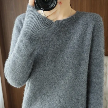 Осенне-зимняя женская новая одежда из 100% шерсти, вязаный пуловер контрастного цвета с круглым вырезом, элегантная блузка с текстурой