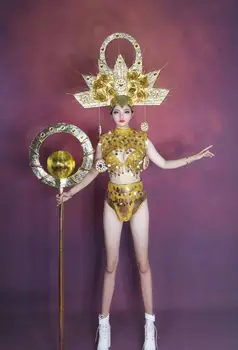 Сексуальная женская одежда для ночного клуба gogo, бара, сценического шоу, Золотой костюм богини Солнца, золотой комплект бикини и головных уборов
