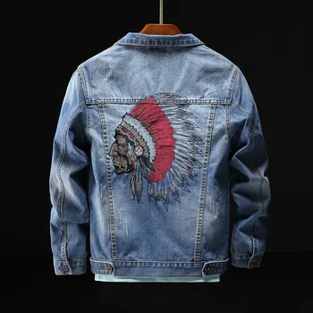 Prowow 2021 Модная уличная куртка Ретро-синего цвета с вышивкой вождя индейцев Джинсовые куртки Мужские Размеры M-6XL Пальто в стиле хип-хоп Панк