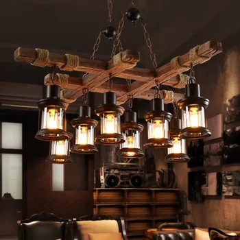 Подвесные светильники в стиле ретро из дерева с 8 головками, винтажная промышленная люстра в стиле Лофт, стеклянная железная светодиодная люстра, подвесной светильник, деревянный подвесной светильник