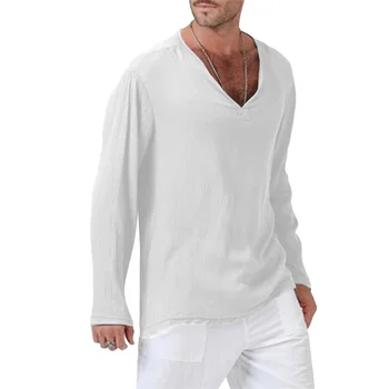 Мужские однотонные футболки с длинными рукавами и V-образным вырезом в этническом стиле, повседневная базовая рубашка, Весна-осень, Модные свободные топы