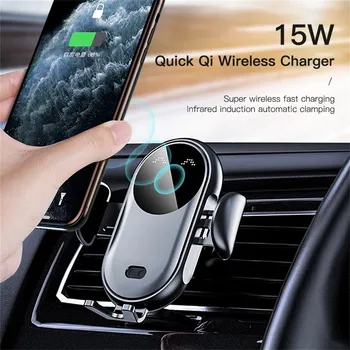 Автомобильное беспроводное зарядное устройство мощностью 15 Вт, автоматический автомобильный держатель для телефона для iPhone 14 13 12 11 Pro Samsung Xiaomi, инфракрасная индукционная быстрая зарядка