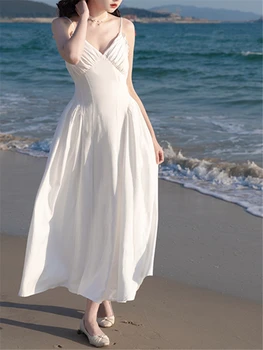 Платья на бретельках, Новинка лета 2023, Женское модное элегантное Белое пляжное платье Миди, винтажная вечерняя одежда, женские жилеты
