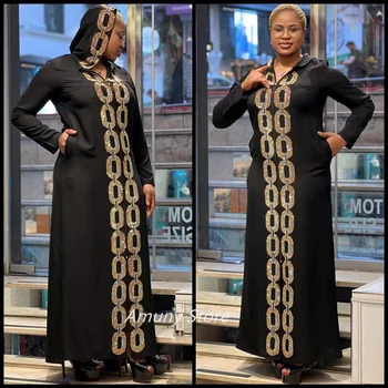 Модная афроамериканская мантия с капюшоном, черное платье, украшенное стразами