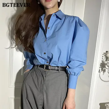 BGTEEVER, элегантные однобортные женские рубашки с отложным воротником, осенние свободные однотонные блузки с рукавами-фонариками для женщин