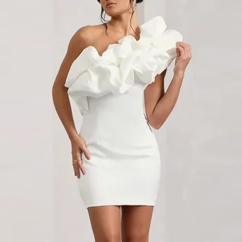 Элегантное женское Короткое платье с оборками, Белое облегающее вечернее платье, женское Атласное облегающее платье на одно плечо, полностью на подкладке