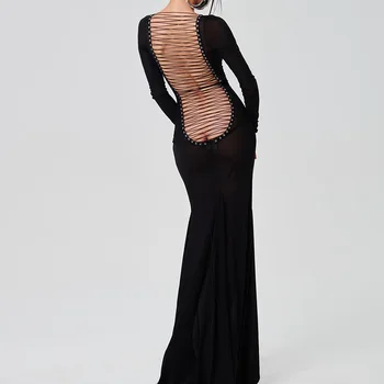 Сетчатое черное прозрачное сексуальное облегающее платье Макси с длинным рукавом и открытой спиной, летнее женское пляжное платье для ночного клуба 2023