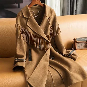 Зимнее теплое двустороннее шерстяное пальто, женская модная двубортная однотонная куртка средней длины с кисточками, женская повседневная утепленная верхняя одежда