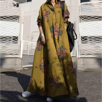 Льняная длинная блузка в этническом стиле в стиле ретро, Макси Платья, женские зимние длинные рукава, винтажное повседневное Свободное платье-рубашка с цветочным принтом