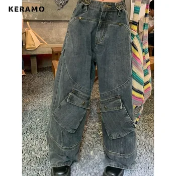 Корейские модные Женские широкие брюки, мешковатые Джинсовые брюки с карманами Y2K, Винтажные повседневные Синие джинсовые брюки в уличном стиле с высокой талией