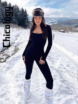 Chicology, Черный облегающий комбинезон с длинными рукавами, осень-зима, повседневная уличная одежда, цельные изделия, модная женская одежда оптом