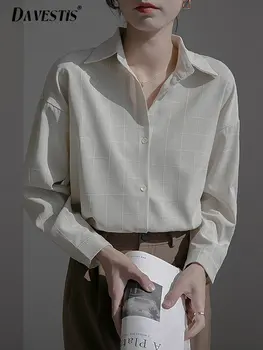 Женская рубашка в абрикосовую клетку с длинным рукавом 2023, весенне-летние Элегантные и молодежные женские блузки, женские модные повседневные офисные рубашки