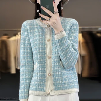 Женский кашемировый свитер, модный клетчатый топ с отстрочкой 2023, осенне-зимний новый кардиган из 100% чистой шерсти с круглым вырезом, корейское свободное пальто