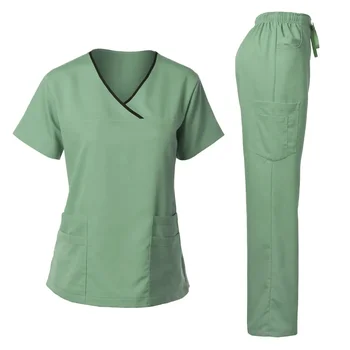 Медицинская униформа Модный женский комплект скрабов, Эластичный мягкий топ с Y-образным вырезом, брюки, костюм врача ветеринарной клиники в больнице контрастных цветов