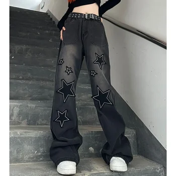 Хип-хоп Винтажные женские Градиентные широкие джинсы с вышивкой в виде звезд, Весна-осень, Новая уличная мода, брюки с завышенной талией, W156