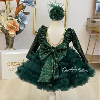Изумрудно-зеленое рождественское платье BABYONLINE для маленьких девочек, украшенное золотыми бусинами, под поясом преобладает многослойная структура юбки