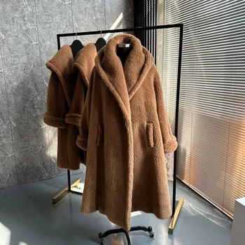 Женское зимнее пальто 2023 года из новой верблюжьей шерсти, свободное шерстяное пальто с длинным капюшоном и плюшевым мишкой, повседневное модное теплое женское пальто