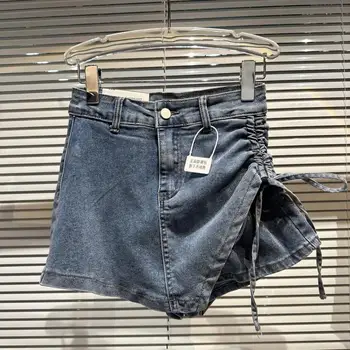 Весна-Лето 2023, новая модная уличная одежда, юбка для девочек, джинсовые короткие юбки со шнуровкой сбоку, выстиранные на шнурке