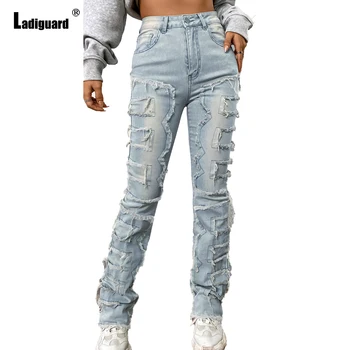 Женские рваные Деминовые брюки Ladiguard, уличная одежда для девочек, джинсы с высоким вырезом, модные узкие брюки в американском и европейском стиле 2023 года.