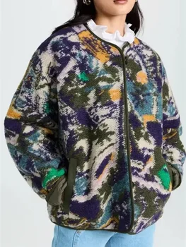 Женское пальто 2023, осень-зима, однобортный свободный винтажный жакет с цветочным обратимым принтом и круглым вырезом