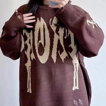 Жаккардовый свитер с готическим алфавитом, Женские свитера в стиле Хай-Стрит, Harajuku, Винтажные свитера в стиле хип-хоп, пуловер, Свободная Рваная одежда с длинным рукавом, Топ