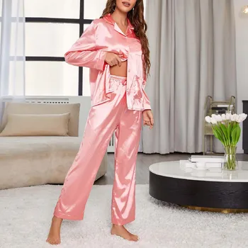 Шелковый Атласный Женский Пижамный комплект, Рубашка с длинным рукавом и брюки, 2 предмета, Женское ночное белье, Домашняя одежда, ночное белье