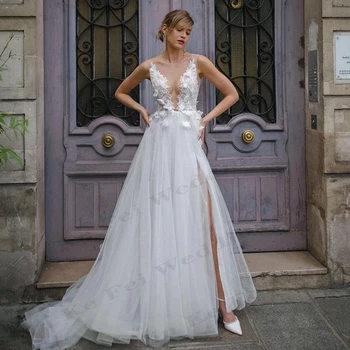 Простые свадебные платья трапециевидной формы в стиле бохо с V-образным вырезом и аппликациями, свадебное платье без спинки, вечерние платья принцессы для выпускного вечера, платья Vestido нестандартного размера