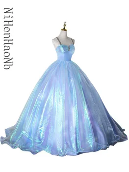 Новые Пышные Платья На Тонких Бретельках, Голубое Блестящее Длинное Бальное Платье С Круглым Вырезом, Милое Элегантное Платье Принцессы Vestidos