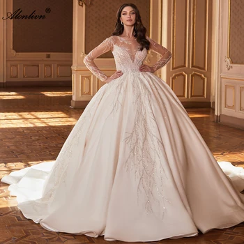 Alonlivn Великолепное Блестящее Кружевное Бальное Платье, Свадебные Платья С Нежным Бисером, Длинный Рукав Для Невест
