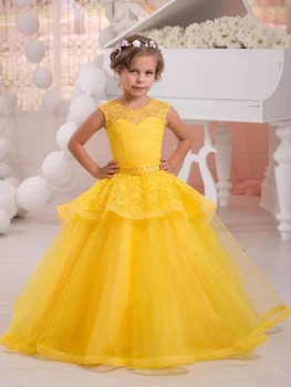 Платья для девочек-цветочниц из желтого тюля с пышными аппликациями и поясом Без рукавов для свадьбы, дня рождения, платья для первого причастия