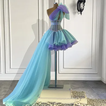 Длинное вечернее платье 2023, Новое поступление, Элегантная складка на одно плечо, Разноцветные женские вечерние платья из органзы со шлейфом сбоку