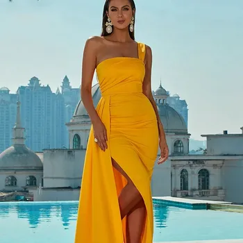Желтые атласные вечерние платья для женщин без рукавов на одно плечо, сексуальные драпированные платья для выпускного вечера с разрезом по бедрам, Длинное платье с открытой спиной