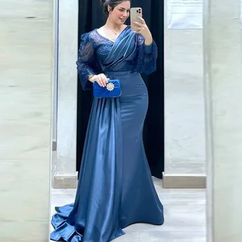 Темно-синие платья русалки для выпускного вечера, вечерние платья из кружева и атласа со шлейфом, вечерние платья из Саудовской Аравии, женское вечернее платье Robe De Soiree