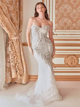 Русалка/Труба, Элегантное женское вечернее платье для выпускного вечера с открытыми плечами, длинные рукава, шлейф, Шелковый атлас с жемчугом