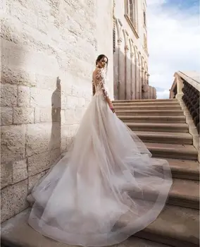 Кружевные свадебные платья Русалочки со съемными шлейфовыми аппликациями Свадебные платья с шлейфом с прозрачным вырезом и длинными рукавами Свадебное платье